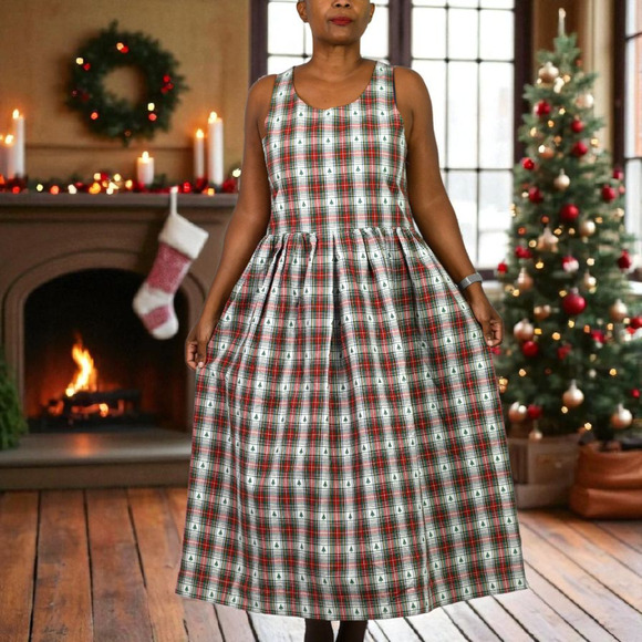 Handmade Plaid Christmas Tree Dress Red Tartan Jumper Pinafore Festive Medium - Picture 2 of 16
